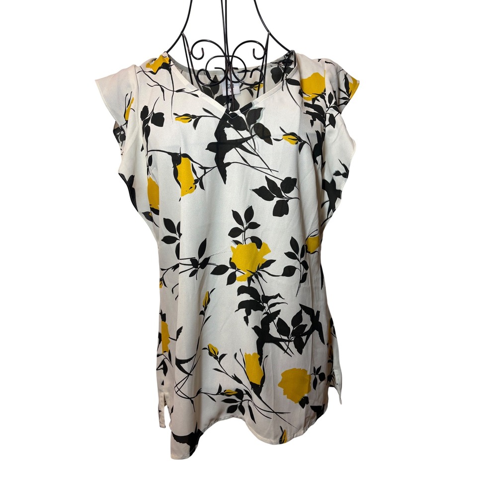 Cabi Flutter Sleeve Blouse XS White Yellow Floral Bird Print V-Neck Top